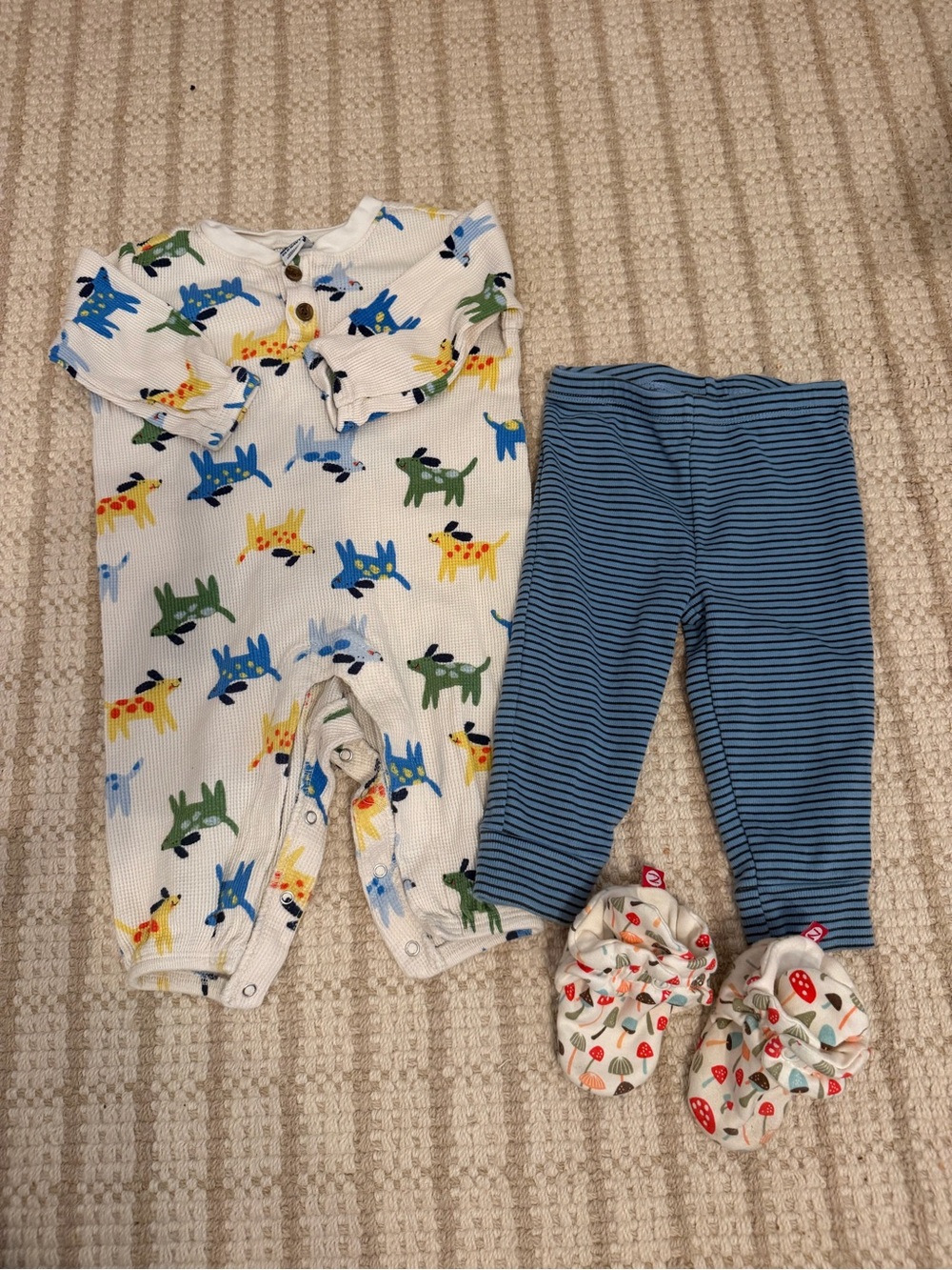 Zutano White Puppy Print Ribbed One-Piece with Blue Striped Leggings
